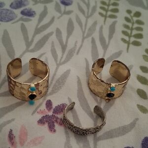 Gold and Silver Hammered Cuff Rings with  Faux Turquoise Accents. Gold Rings 7
